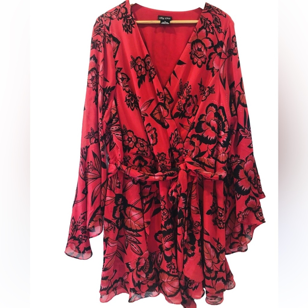 NEW City Chic cherry bloom Red Floral Wrap mini Dress size S/16 - Picture 2 of 8
